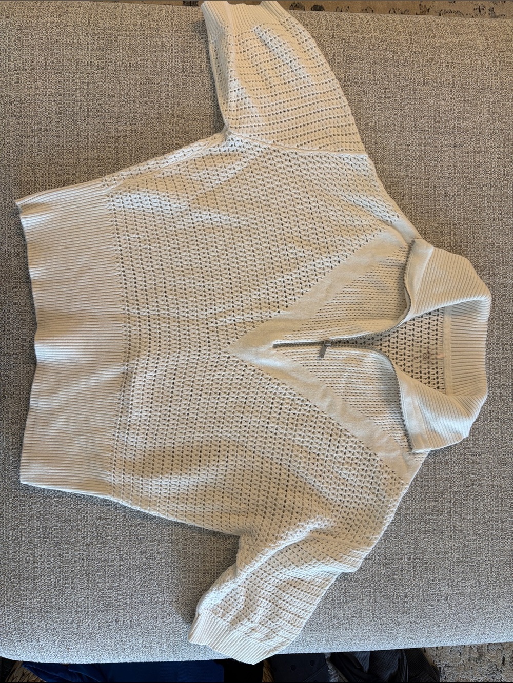 CALIA by Carrie Underwood Cream Open-Knit Short-Sleeve Sweater with Zip Collar